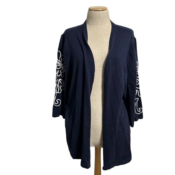 Chicos Womens Sz XXL Navy Open Front Cardigan/ Embroidered Floral Sleeves - Picture 1 of 11